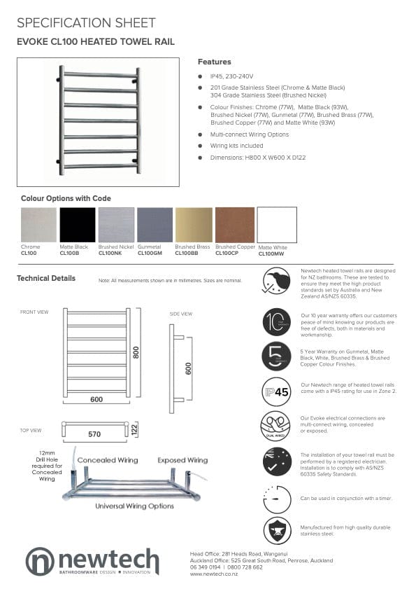 Newtech Heated Towel Ladder Newtech Evoke 7 Bar Wide Heated Towel Ladder 800mm | Brushed Nickel