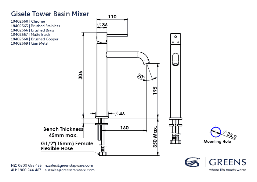 Greens Basin Tap Greens Gisele Tower Basin Mixer | Gunmetal
