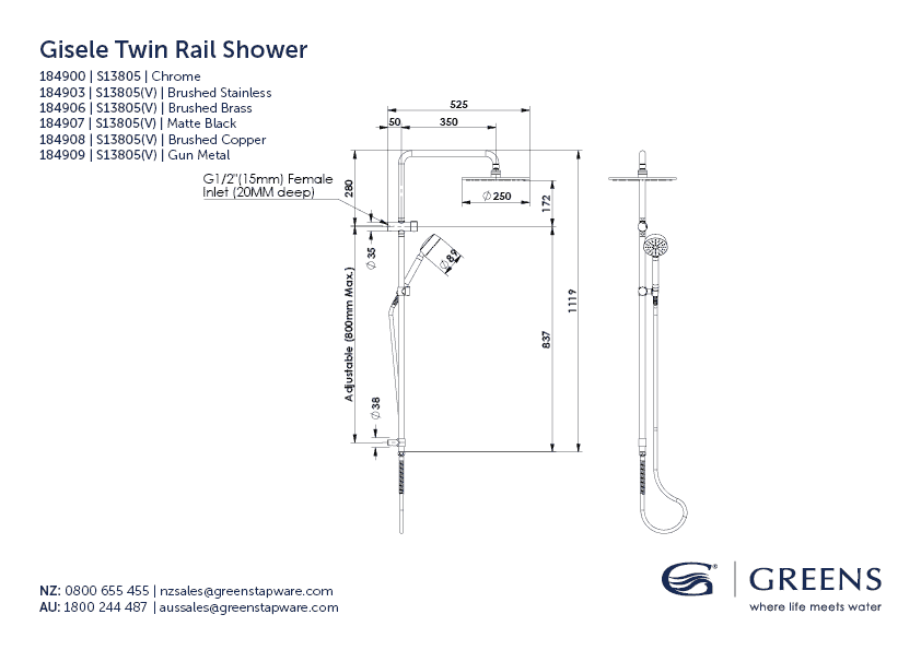 Greens shower Greens Gisele Twin Rail Shower | Brushed Stainless
