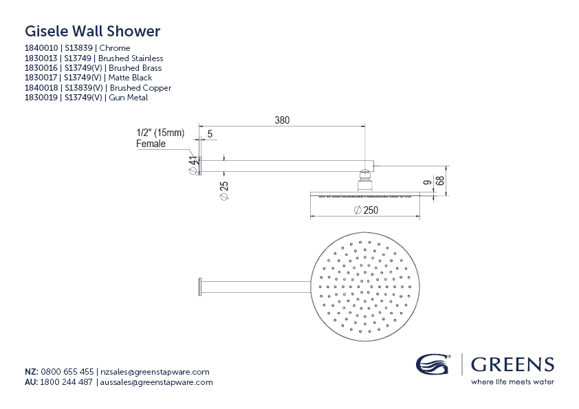 Greens shower Greens Gisele Wall Shower 250mm | Brushed Copper