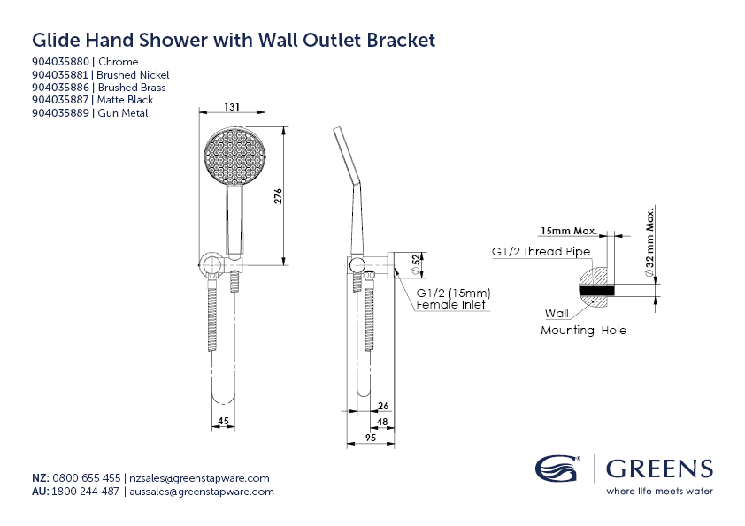 Greens shower Greens Glide RainBoost Hand Shower with Wall Outlet Bracket | Brushed Brass