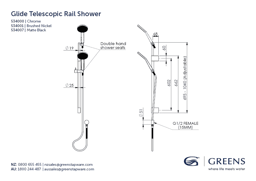 Greens shower Greens Glide RainBoost Telescopic Rail Shower | Brushed Nickel