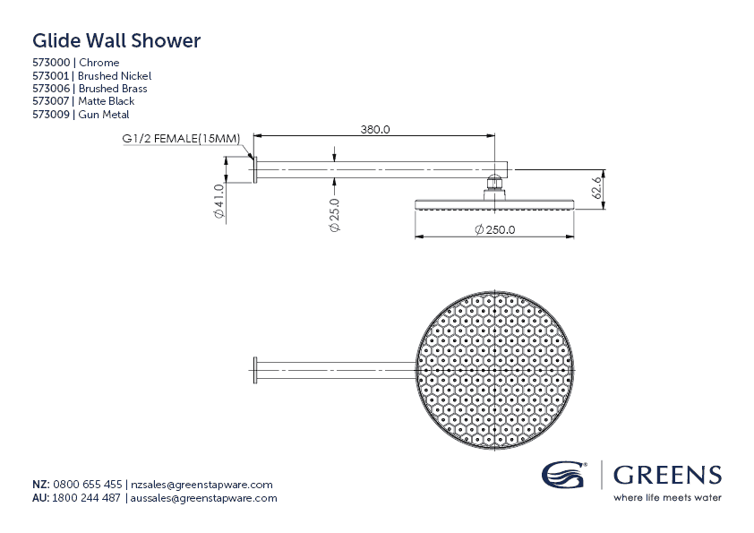 Greens shower Greens Glide RainBoost Wall Shower 250mm | Gunmetal