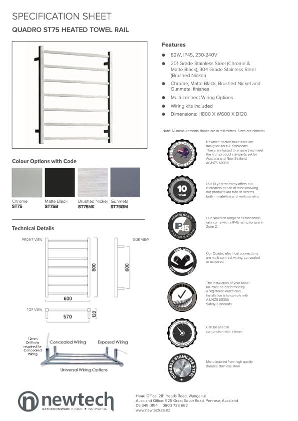 Newtech Heated Towel Ladder Newtech Quadro 7 Bar Wide Heated Towel Ladder 800mm | Matte White