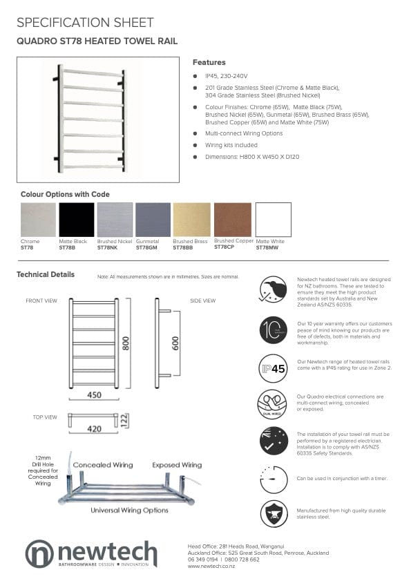 Newtech Heated Towel Ladder Newtech Quadro 7 Bar Heated Towel Ladder 800mm | Brushed Copper