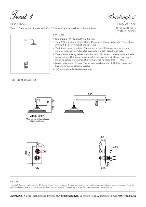 Burlington shower Burlington Trent Thermostatic Single Outlet Concealed Shower Valve with Fixed Shower Arm | Chrome