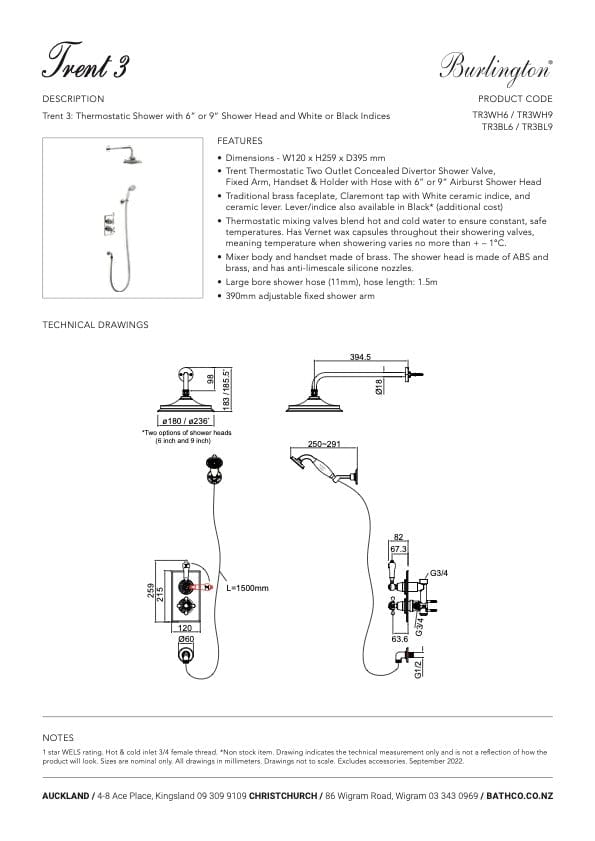 Burlington shower Burlington Trent Thermostatic Two Outlet Concealed Shower Valve, Fixed Shower Arm, Handset & Holder with Hose | Chrome 9" Shower Head / With Slide Rail / With Soap Basket