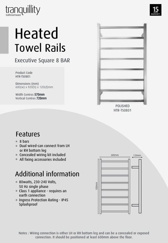 Tranquillity Heated Towel Ladder Tranquillity Executive Square Heated Towel Ladder 920mm | Polished Stainless Right-Hand Cable / Without Timer