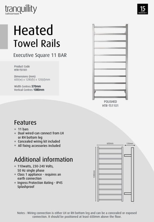 Tranquillity Heated Towel Ladder Tranquillity Executive Square Heated Towel Ladder 1280mm | Polished Stainless Right-Hand Cable / With Timer