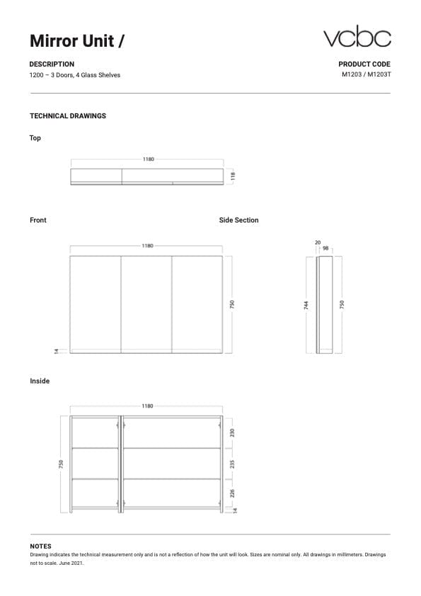 Bath & Co Mirror VCBC 1200 Mirror Cabinet | 3 Doors & 4 Shelves Charred Oak / Right Hinge