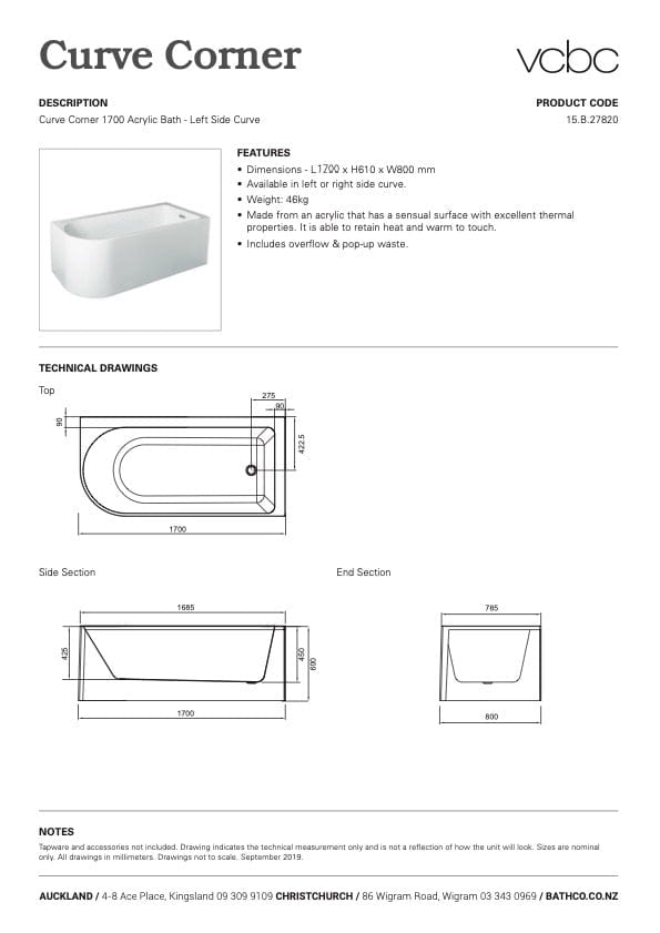 Bath & Co Bath VCBC Curve Corner Bath Curve On Right (Corner To Left Hand Side)