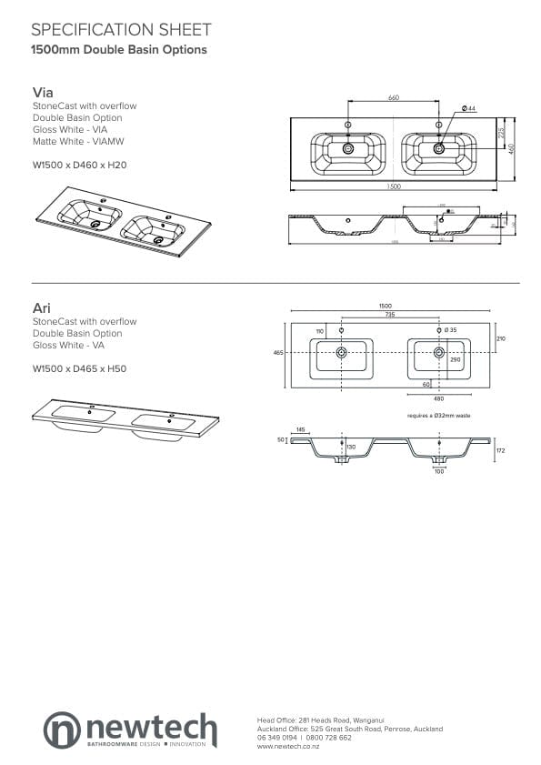 Newtech Newtech Citi 1500mm | 2 Drawer Double Basin Wall Vanity
