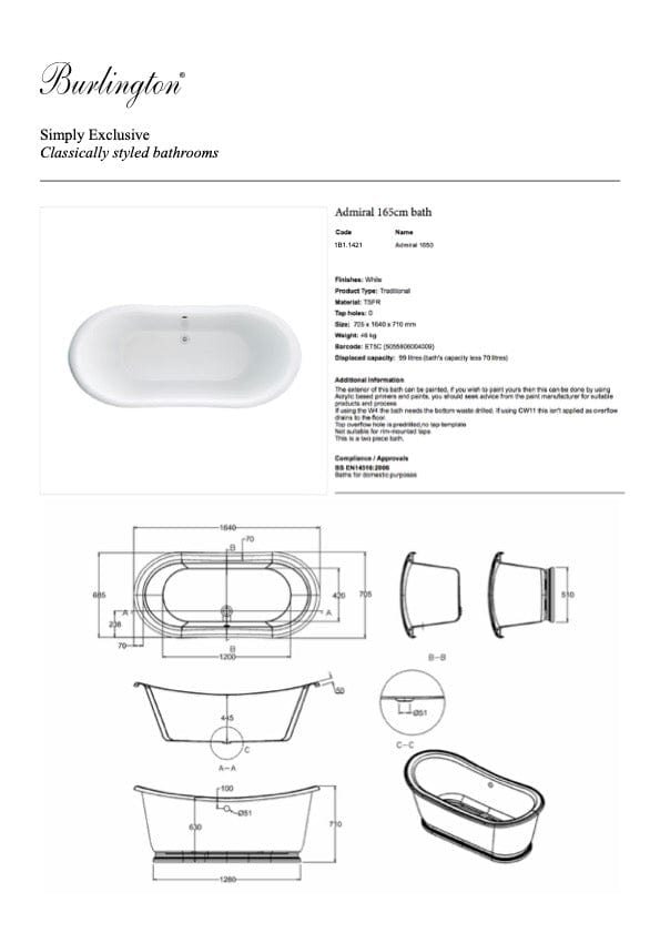 Burlington Bath Burlington Admiral Freestanding Bath 1775mm