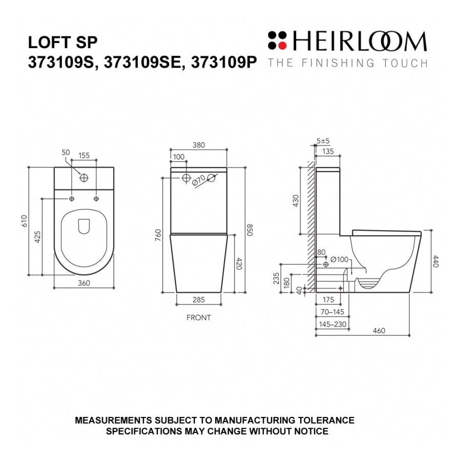 Heirloom Toilets Heirloom Loft SP Wall Faced Toilet Suite S Pan 145 - 230mm Set Out