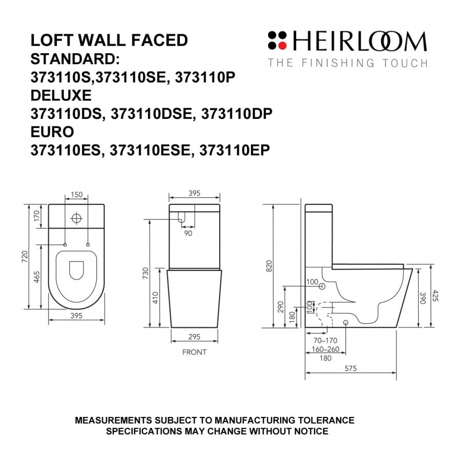 Heirloom Toilets Heirloom Loft Wall Faced Toilet Suite S Pan 150 - 240mm Set Out