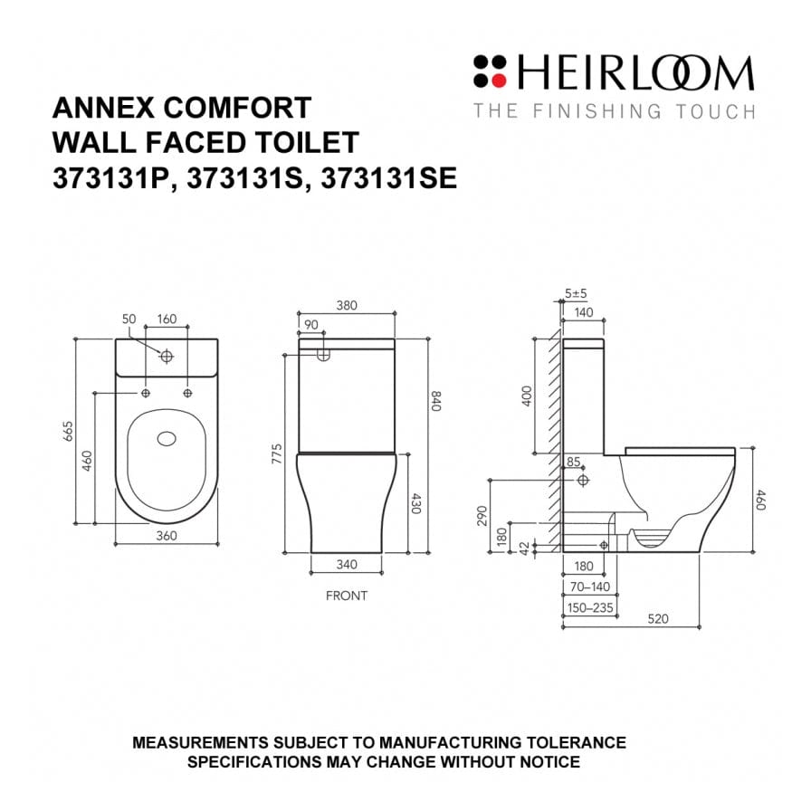 Heirloom Toilets Heirloom Annex Comfort Wall Faced Toilet Suite S Pan 150 - 235mm Set Out