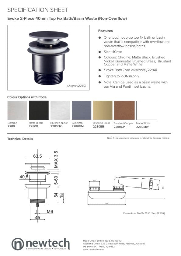 Newtech Pop Up Waste Newtech Evoke 2-Piece Top Fix Bath Waste No Overflow 40mm | Gunmetal