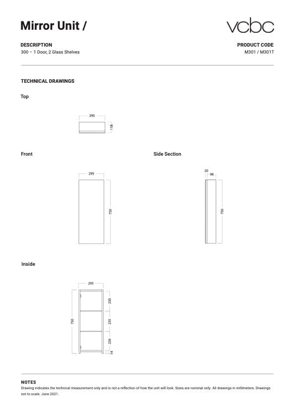 Bath & Co Mirror VCBC 300 Mirror Cabinet | 1 Door & 2 Shelves Charred Oak / Right Hinge