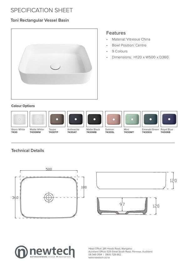 Newtech Basin Newtech Toni Rectangular Vessel Basin | Gloss White