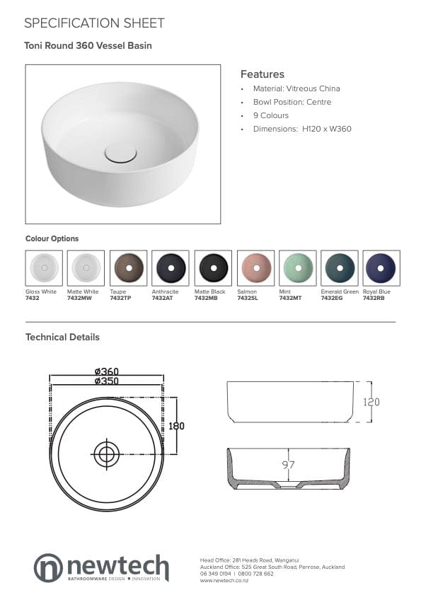 Newtech Basin Newtech Toni Round Vessel Basin | Matte White With Pop Up Waste