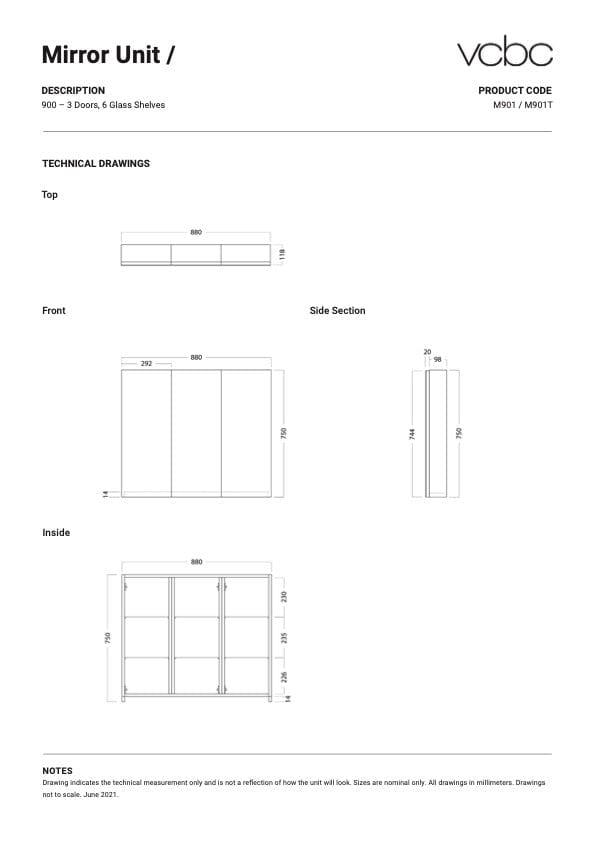 Bath & Co Mirror VCBC 900 Mirror Cabinet | 3 Doors & 6 Shelves Charred Oak / Right Hinge