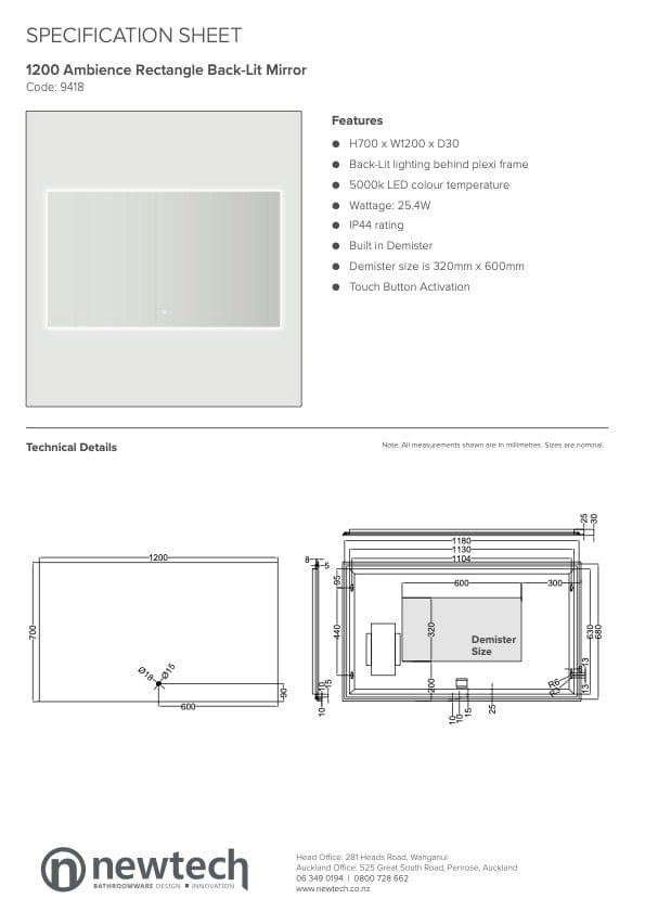 Newtech Mirror Newtech Ambience 1200 Rectangle LED Mirror