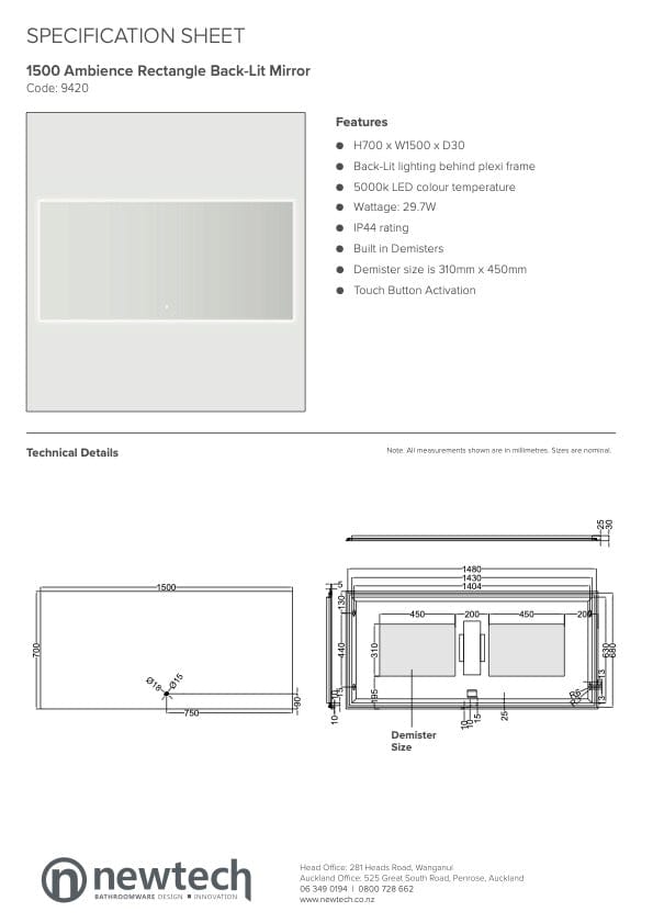 Newtech Mirror Newtech Ambience 1500 Rectangle LED Mirror