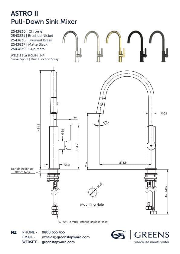 Greens Kitchen Tap Greens Astro II Pull Down Sink Mixer | Brushed Brass