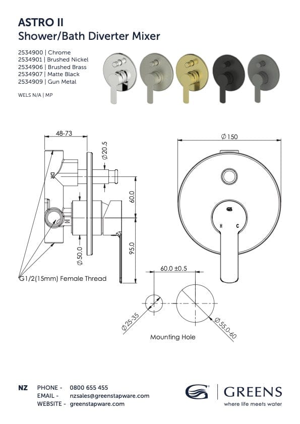 Greens Shower Mixer Greens Astro II Shower Mixer with Diverter | Brushed Brass