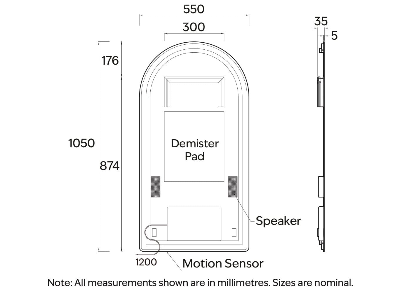 Code Interiors Code Interiors Euro Arch LED Mirror | Bluetooth Speaker | 550W x 1050H