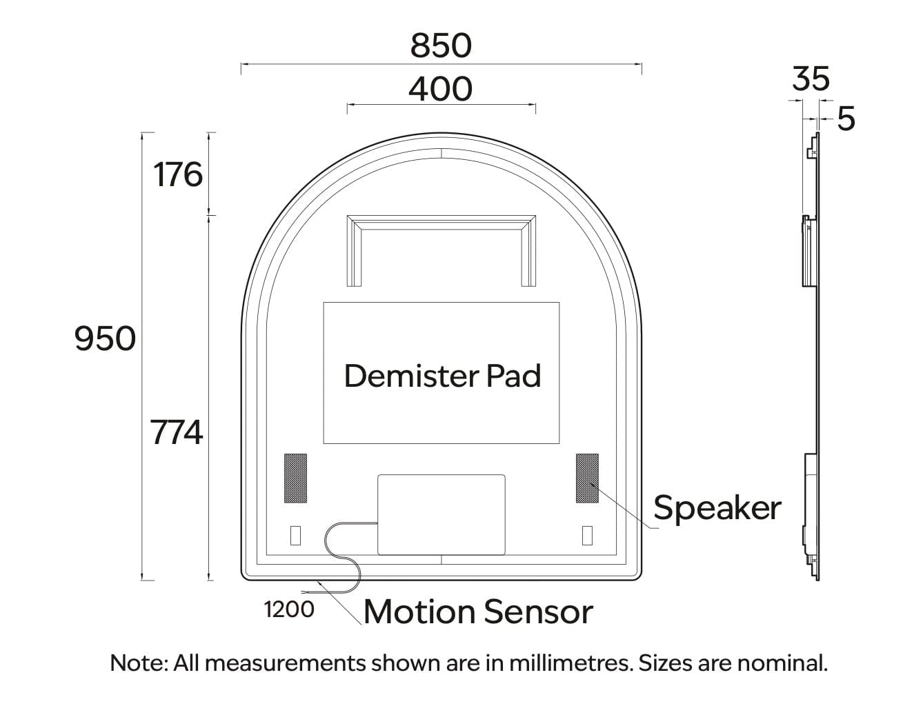 Code Interiors Code Interiors Euro Arch LED Mirror | Bluetooth Speaker | 850W x 950H