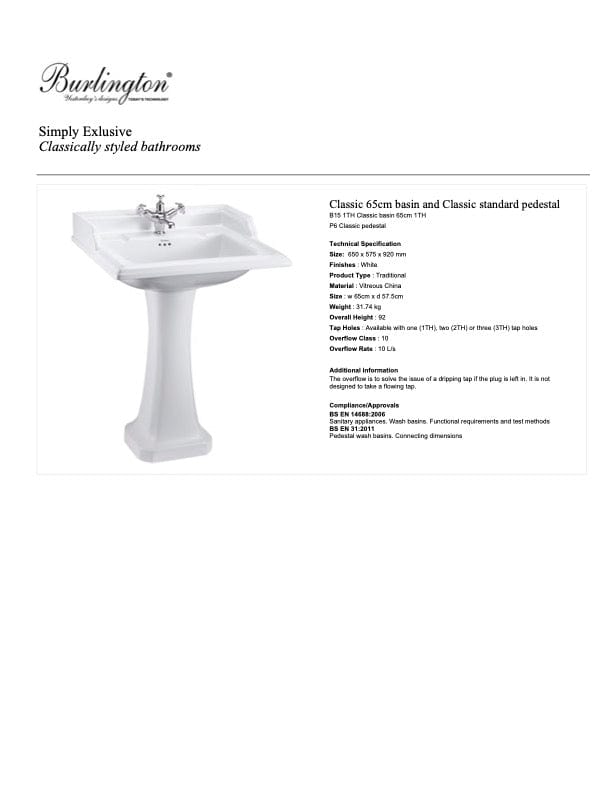 Burlington Basin Burlington Classic Rectangle 650mm Basin Standard Pedestal / Two Tap Holes
