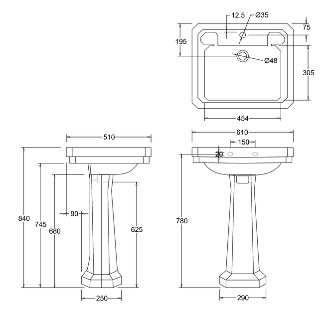 Burlington Basin Burlington Victorian Rectangle 610mm Basin Standard Pedestal / Two Tap Holes