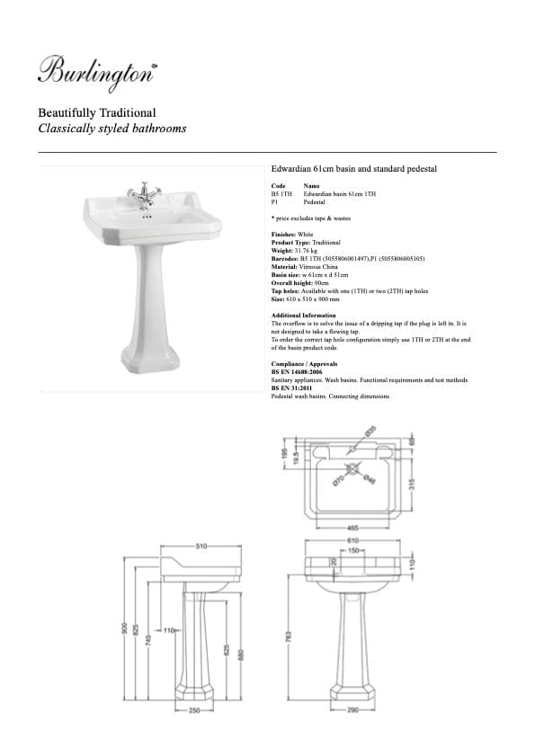 Burlington Basin Burlington Edwardian Rectangle 610mm Basin Standard Pedestal / Two Tap Holes