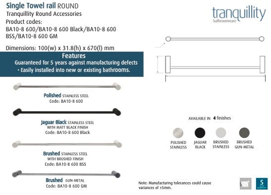 Tranquillity Towel Rail Tranquillity Round Single Towel Rail 670mm | Matte Black