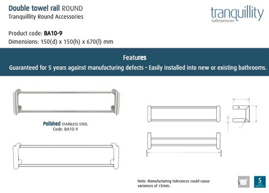 Tranquillity Towel Rail Tranquillity Round Double Towel Rail 670mm | Polished Stainless