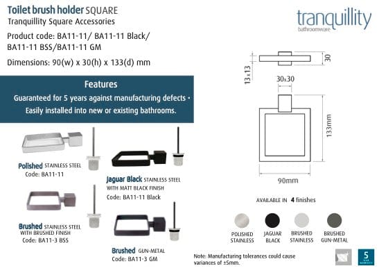 Tranquillity Bathroom Accessories Tranquillity Square Toilet Brush Holder | Brushed Gunmetal