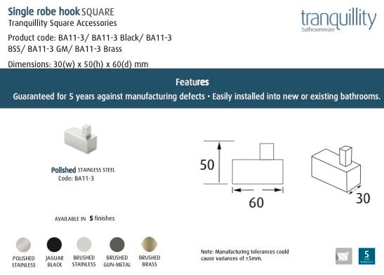 Tranquillity Robe Hook Tranquillity Square Robe Hook | Polished Stainless