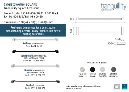Tranquillity Towel Rail Tranquillity Square Single Towel Rail 670mm | Polished Stainless