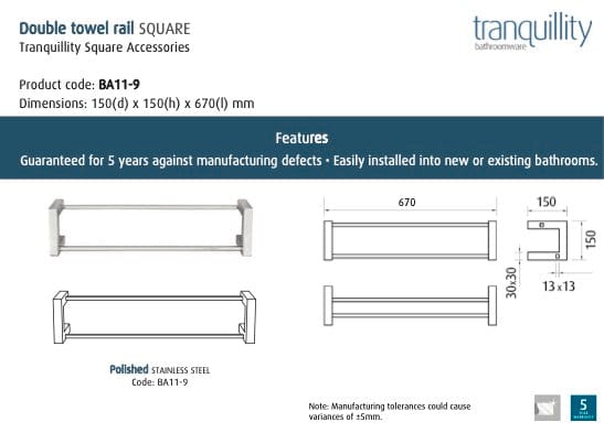Tranquillity Towel Rail Tranquillity Square Double Towel Rail 675mm | Polished Stainless