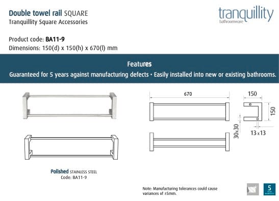 Tranquillity Towel Rail Tranquillity Square Double Towel Rail 675mm | Polished Stainless