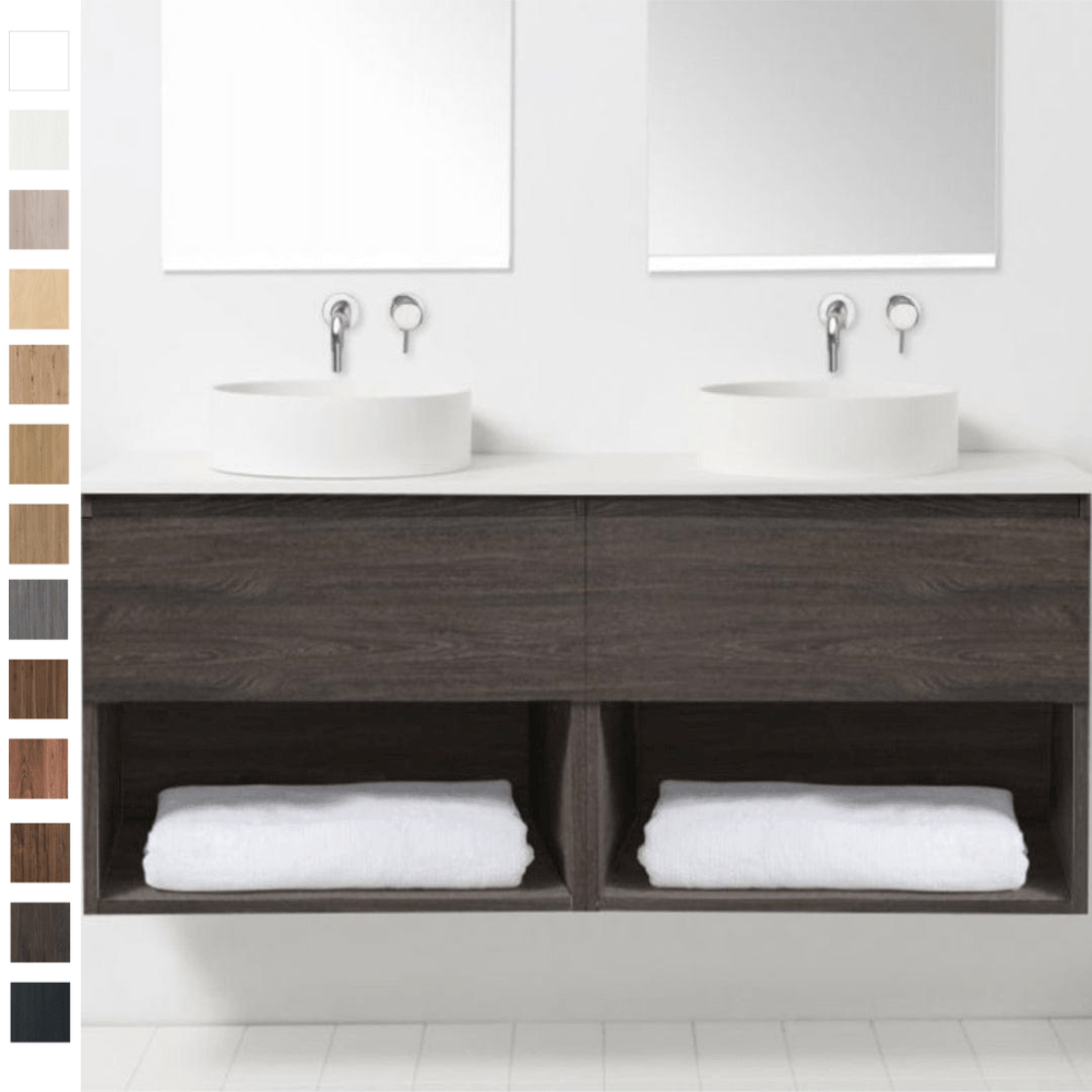 Bath Co Vanity VCBC Soft Solid Surface 1550 Wall Vanity | 2 Basins, 2 Drawers + Shelves