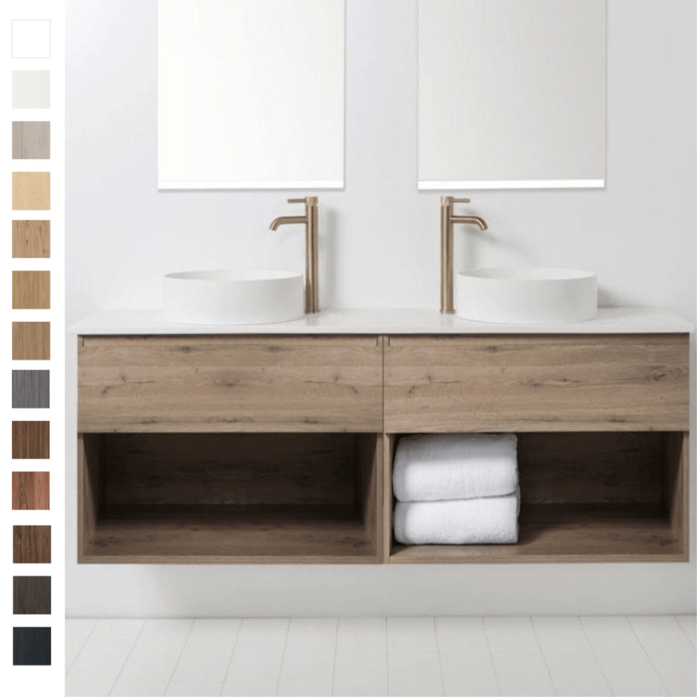 Bath Co Vanity VCBC Soft Solid Surface 1760 Wall Vanity | 2 Basins, 2 Drawers + Shelves