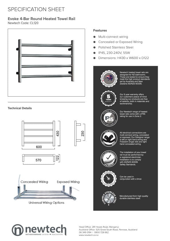 Newtech Heated Towel Ladder Newtech Evoke 4 Bar Heated Towel Ladder 430mm | Chrome