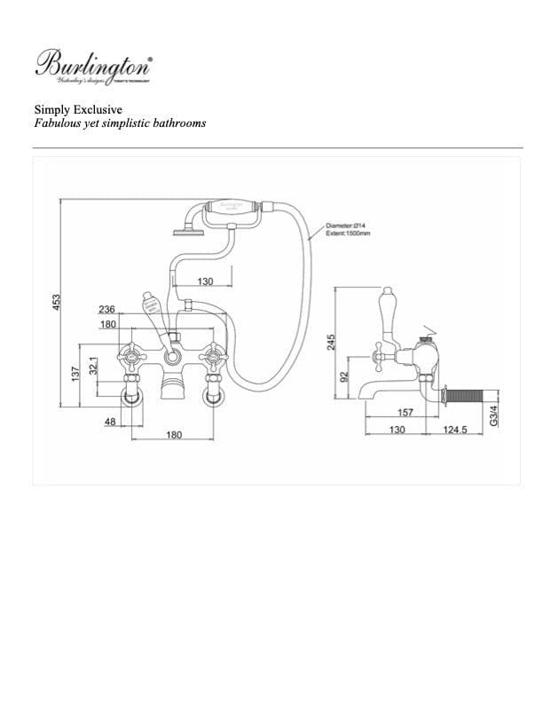 Burlington Bath Tap Burlington Claremont Wall Mounted Bath/Shower Mixer | Chrome