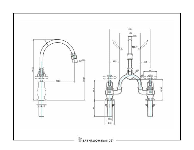 Burlington Kitchen Tap Burlington Claremont Two Tap Hole Arch Mixer with Curved Spout (200mm Centres) | Chrome Black
