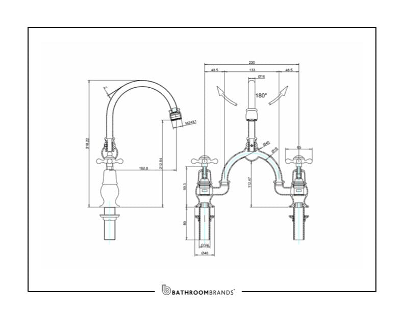Burlington Kitchen Tap Burlington Claremont Two Tap Hole Arch Mixer with Curved Spout (230mm Centres) | Chrome