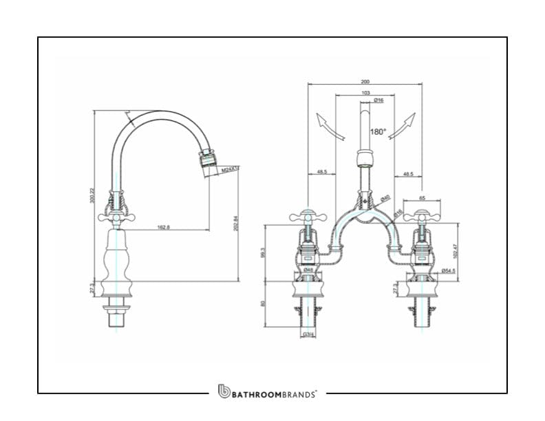 Burlington Kitchen Tap Burlington Claremont Regent Two Tap Hole Arch Mixer with Curved Spout (200mm Centres) | Chrome Black