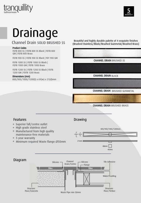 Tranquillity Bathroom Accessories Tranquillity Channel Drain | Tile Insert Gunmetal