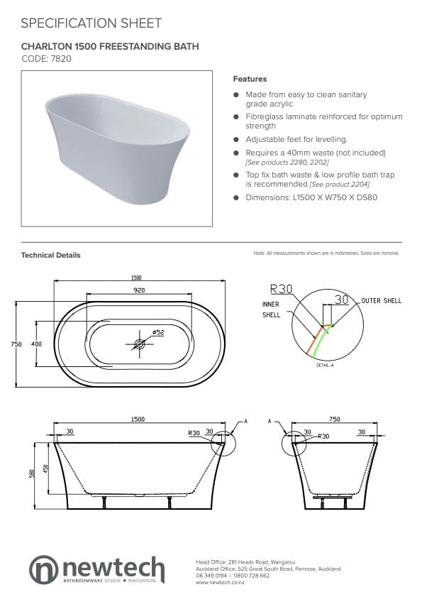 Newtech Bath Newtech Charlton Freestanding Bath 1700mm